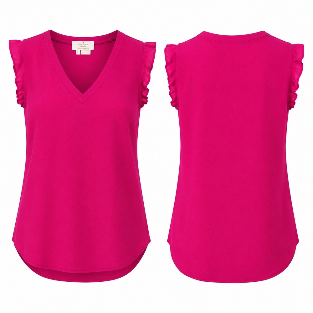 Kate Spade Blouse Small Hot Pink Ruffle Cap Sleeve V-Neck Viscose Dopamine Style
